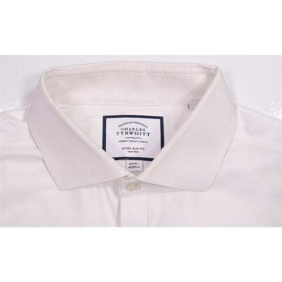 Charles Tyrwhitt White Non-Iron Herringbone Dress Shirt Extra Slim (43) 17-35 - Picture 5 of 7